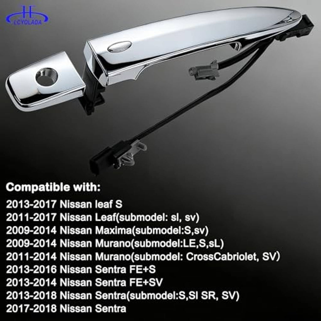 Chrome exterior door handle with black support clips and attached keyless cable