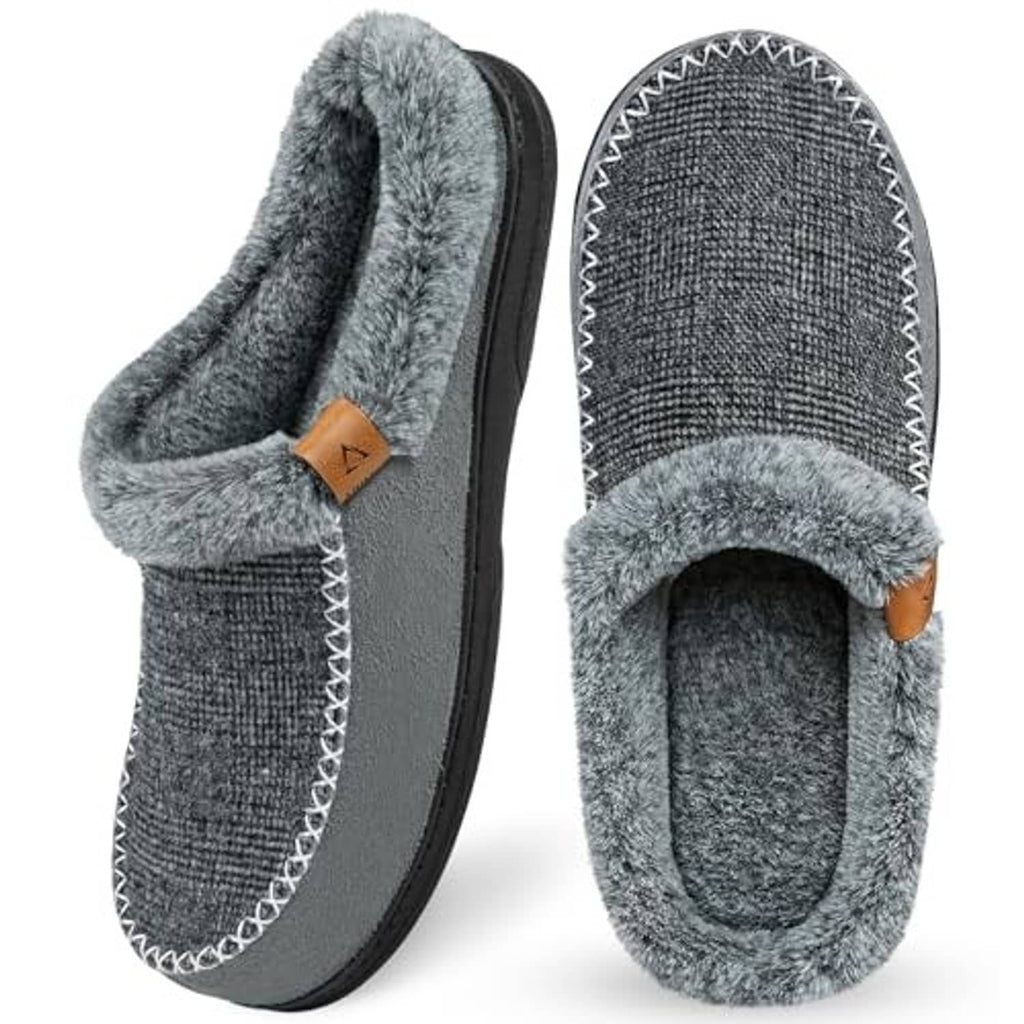 Grey and black slip-on moccasin slippers, fuzzy collar lining, tan patch detail
