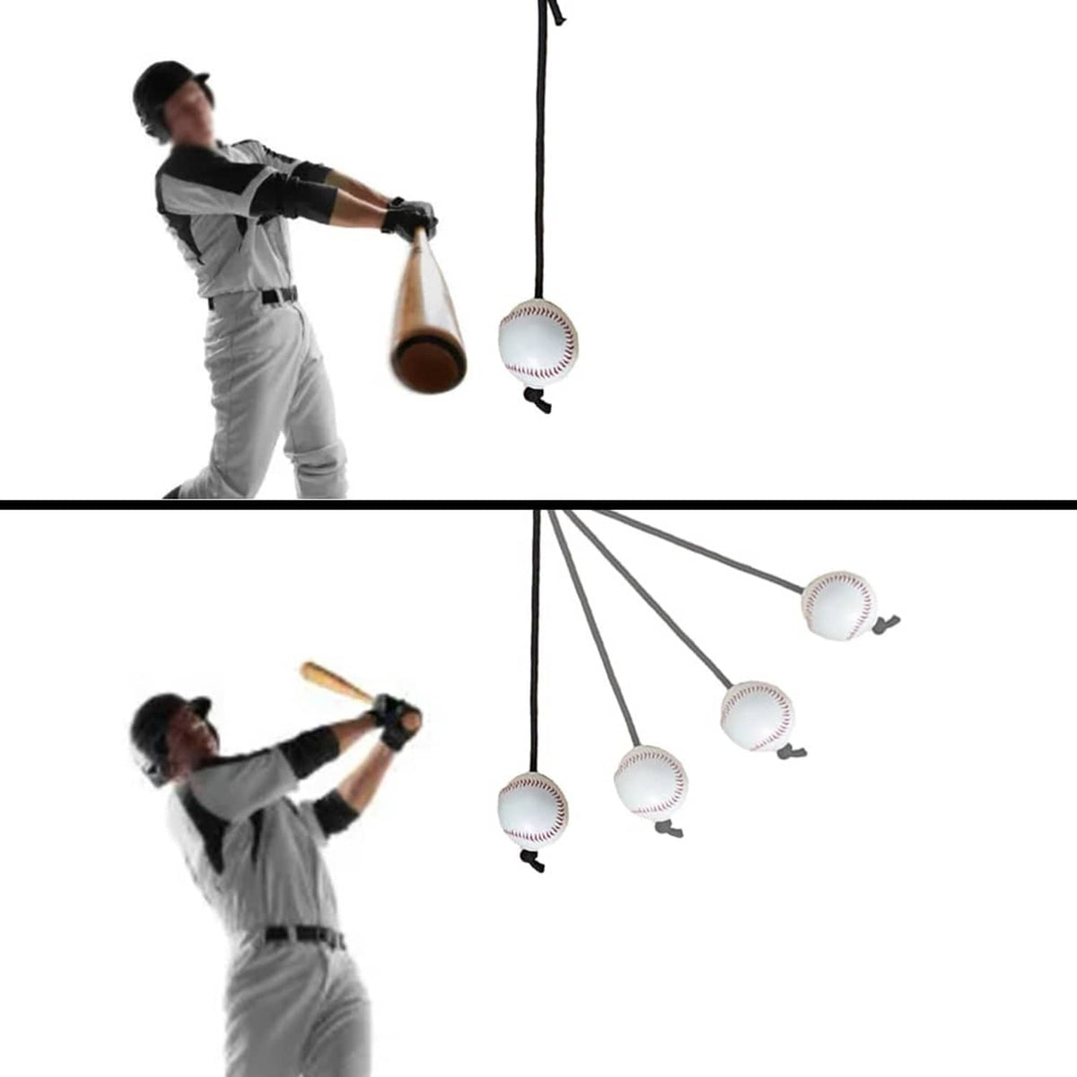 Baseball batting training rope with multiple tether balls for swing drills