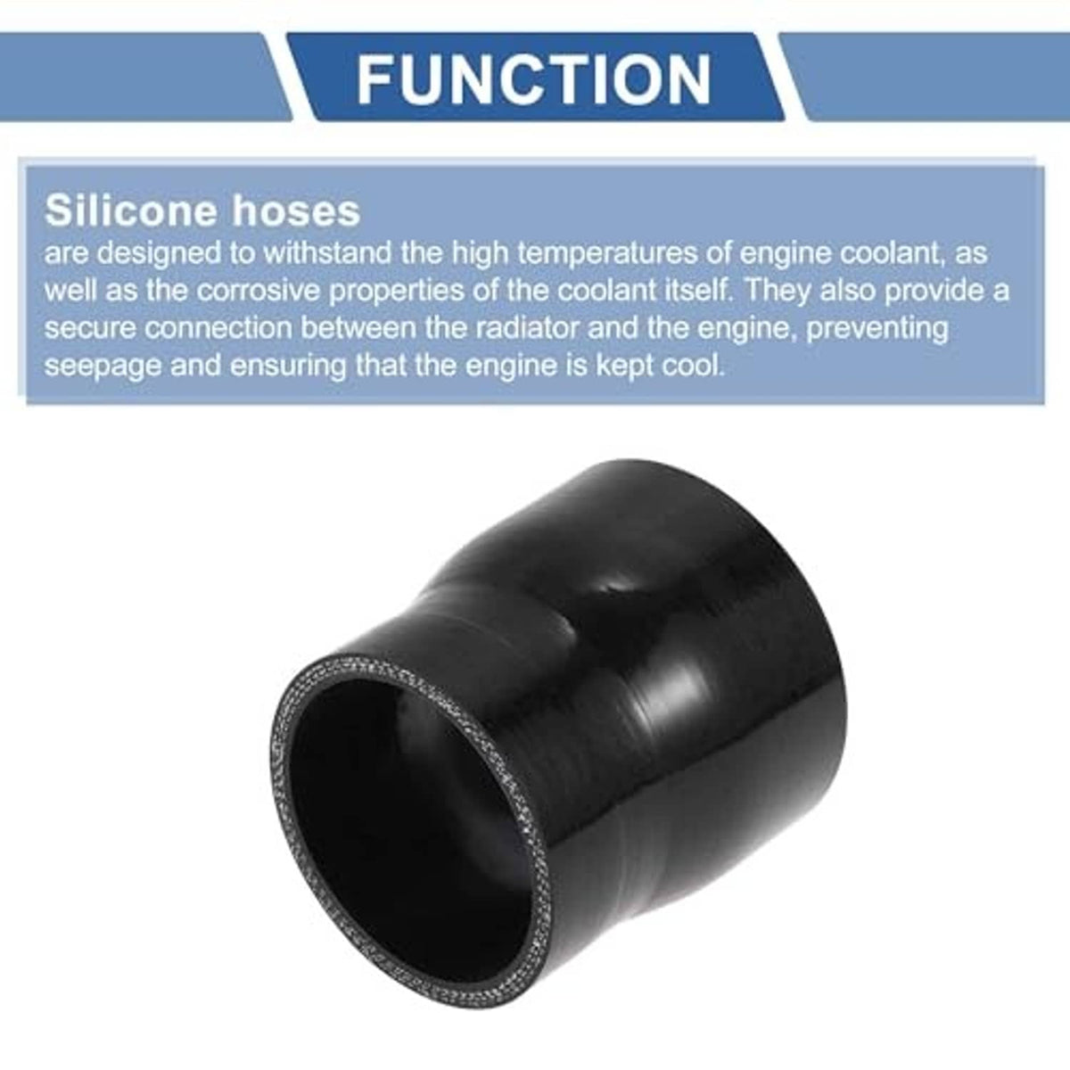 Black silicone hose reducer end cap, reinforced rim on the hose opening