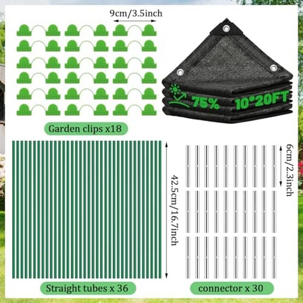 Garden shade cloth with hoops components, dark fabric cover with green clips and tube connectors