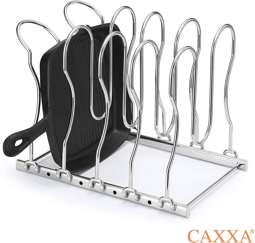 Black nonstick pan rack organizer with multiple hooks on a chrome base frame
