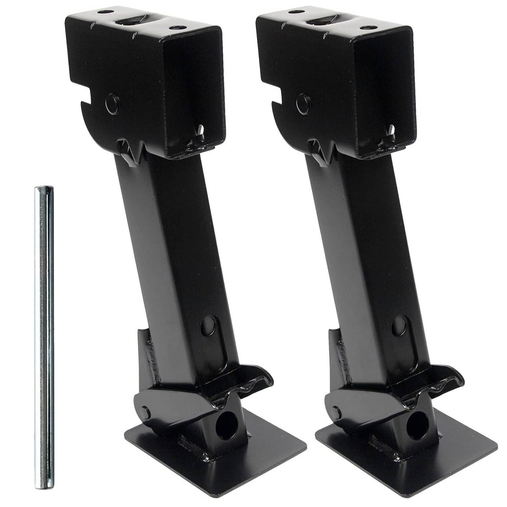 Pair of black swing-down trailer stabilizer jacks with base plates and crank rod