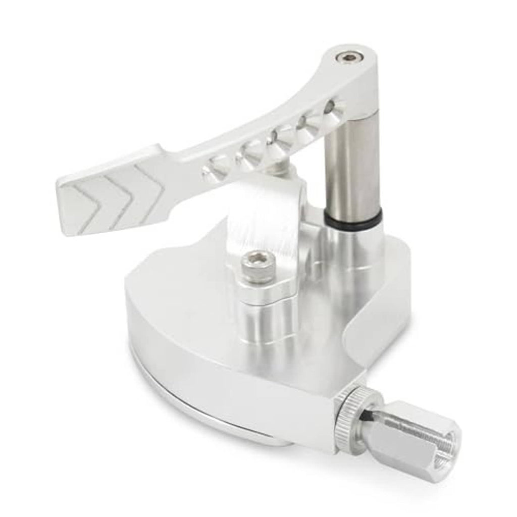 CNC billet thumb throttle extender with angled lever and threaded adjuster screw, silver