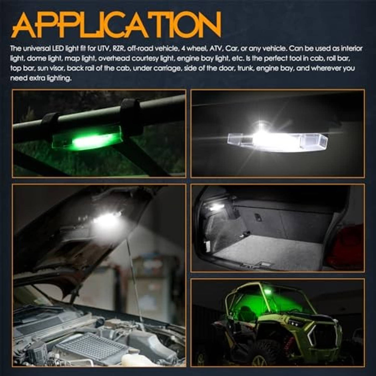 Universal UTV roll bar LED light bar glowing white and green in a vehicle interior