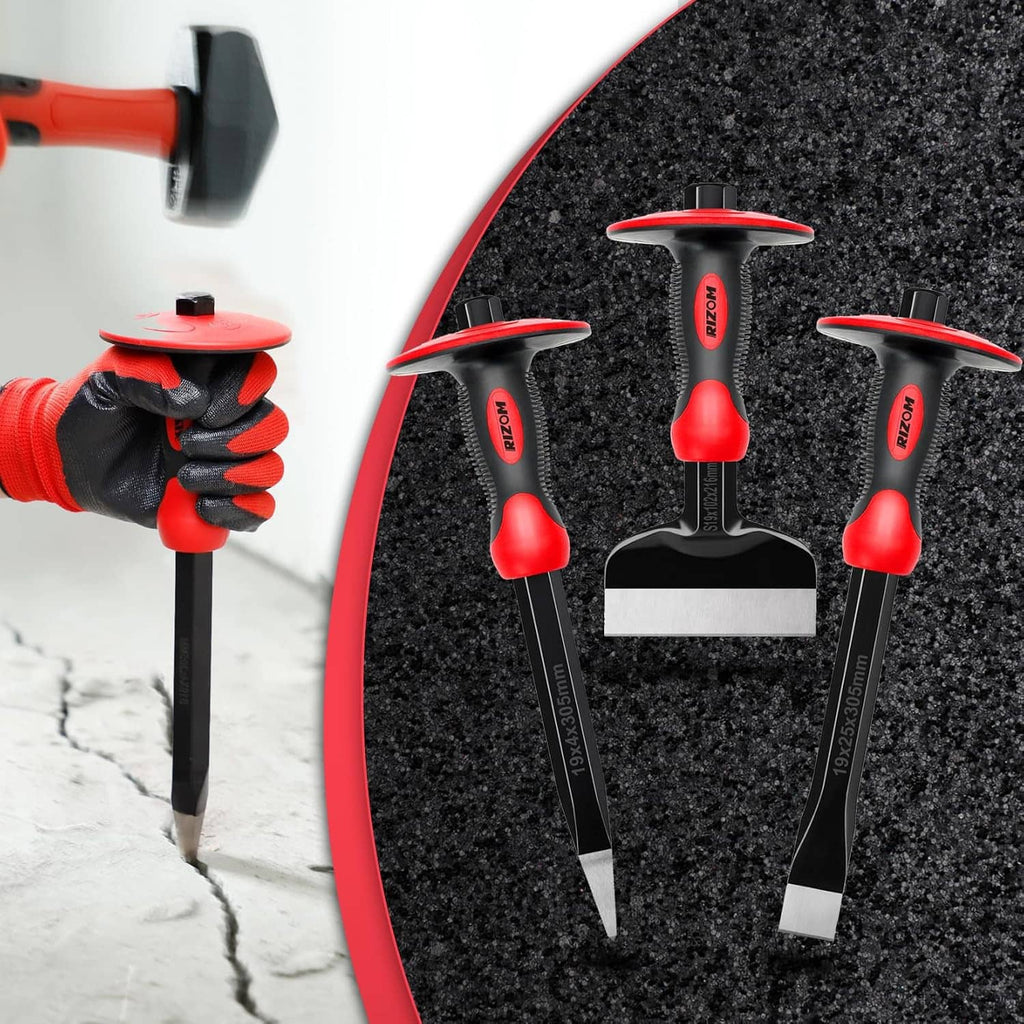 3-piece masonry chisel set with red tops and black hand guards