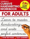 Cursive handwriting workbook cover for adults, lined pages and pen writing practice