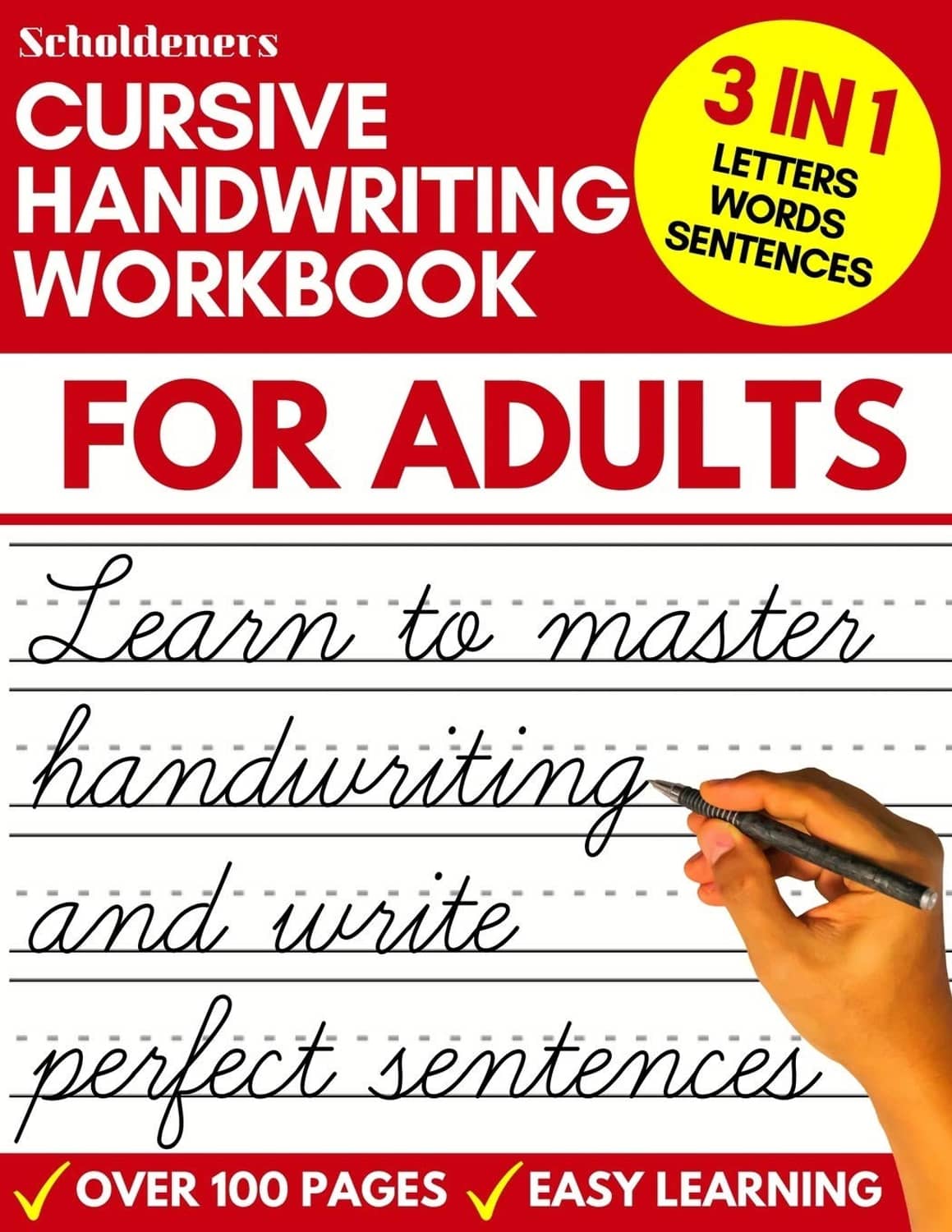Cursive handwriting workbook cover for adults, lined pages and pen writing practice