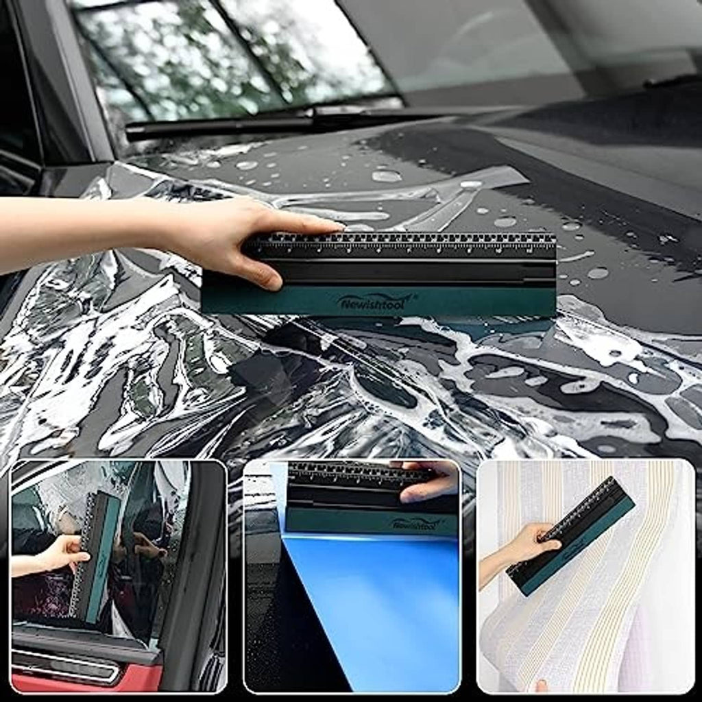 Black ruler squeegee applying felt tool over wet car surface, teal felt pad visible.