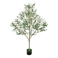 Tall artificial olive tree with green leaves and brown trunk in black pot