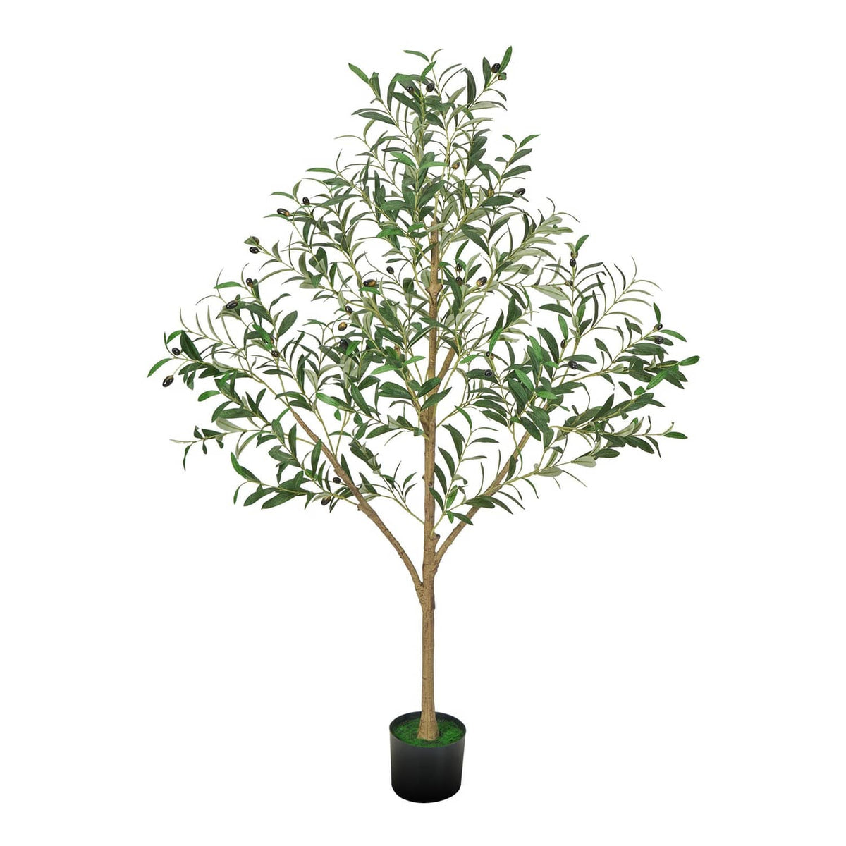Tall artificial olive tree with green leaves and brown trunk in black pot