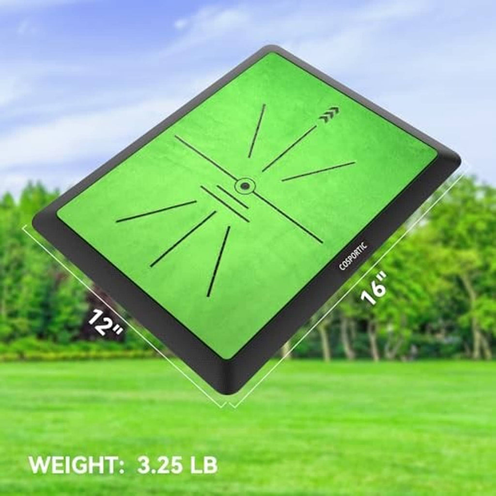 Corner view of green golf practice mat with radial alignment lines and target ring