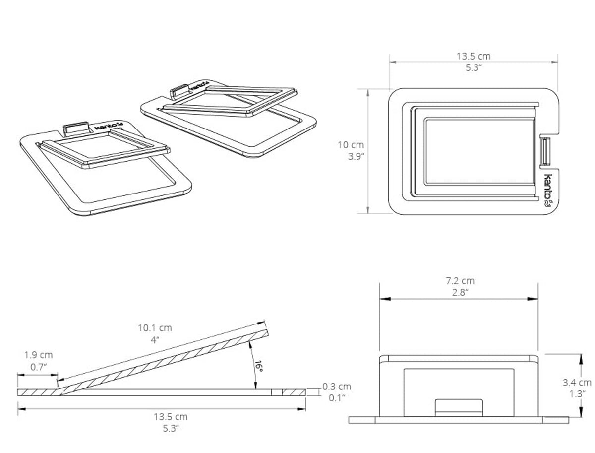 Black speaker stand line drawing with size measurements for tilted support