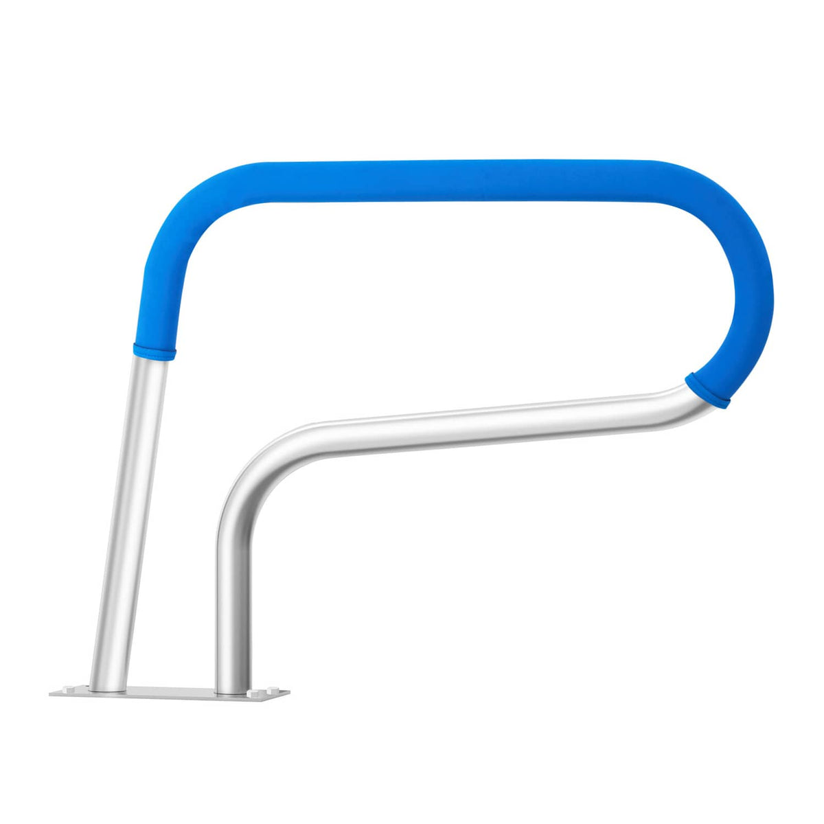 Stainless steel pool handrail with blue U-shaped top handle and flat base