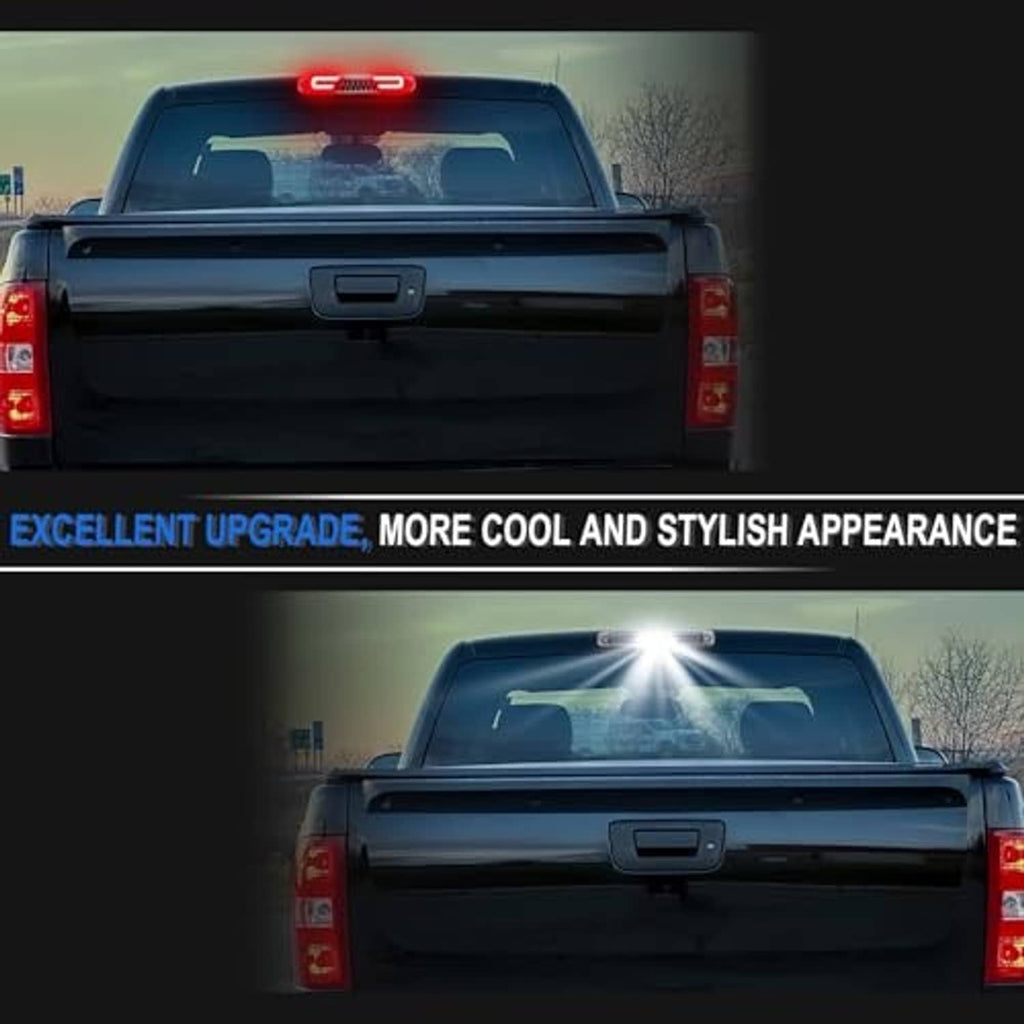 LED third brake light on pickup rear window, red LEDs lit with bright center strip