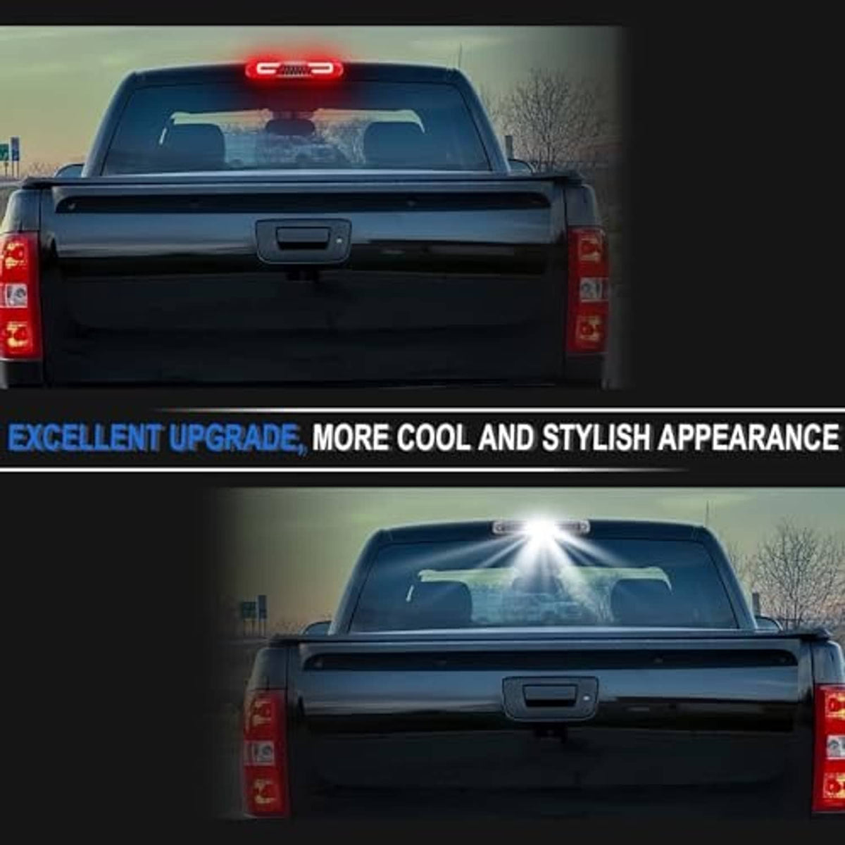 LED third brake light on pickup rear window, red LEDs lit with bright center strip