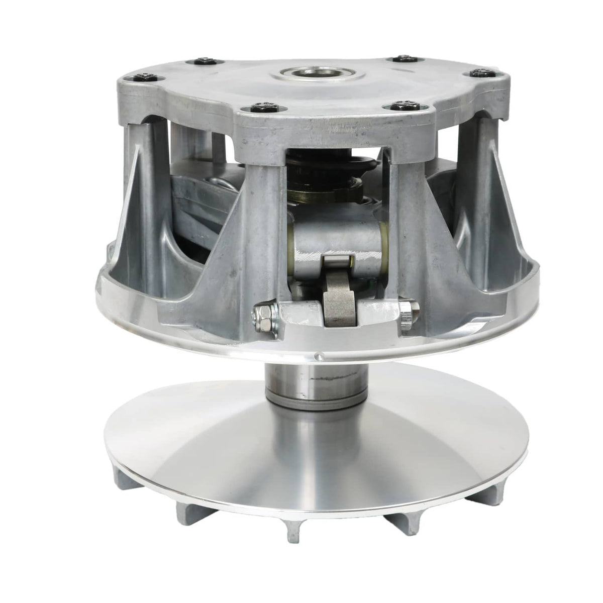 Primary drive clutch assembly with open vented housing and visible internal spring