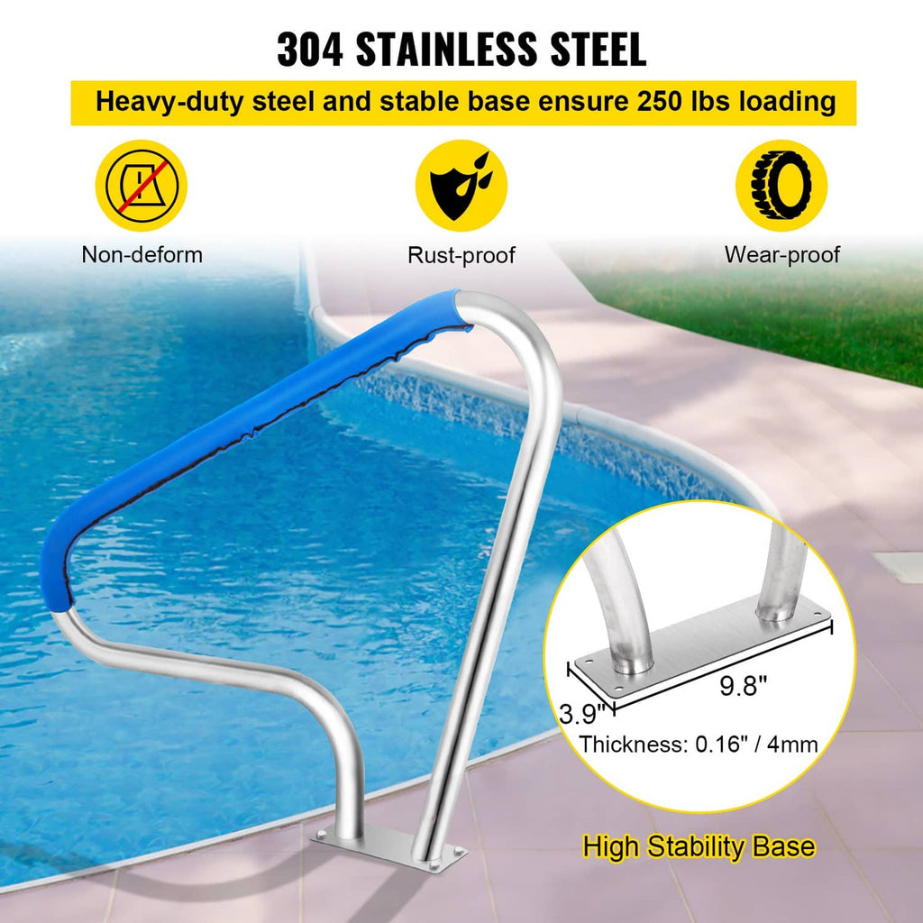 Stainless steel pool stair handrail with blue grip cover and stable base