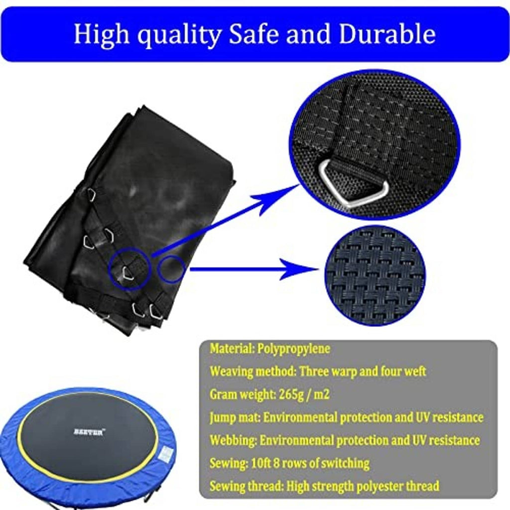 Black trampoline mat with straps and close-up of woven texture for secure hooking