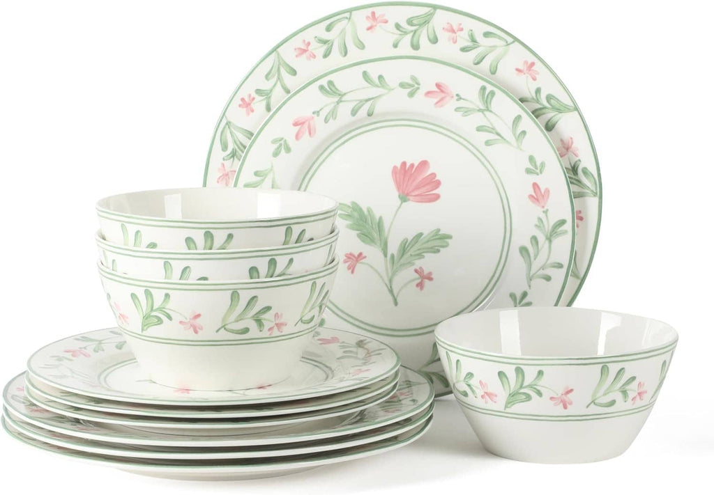 12-piece bone china dinnerware set with green and pink floral pattern plates and bowls