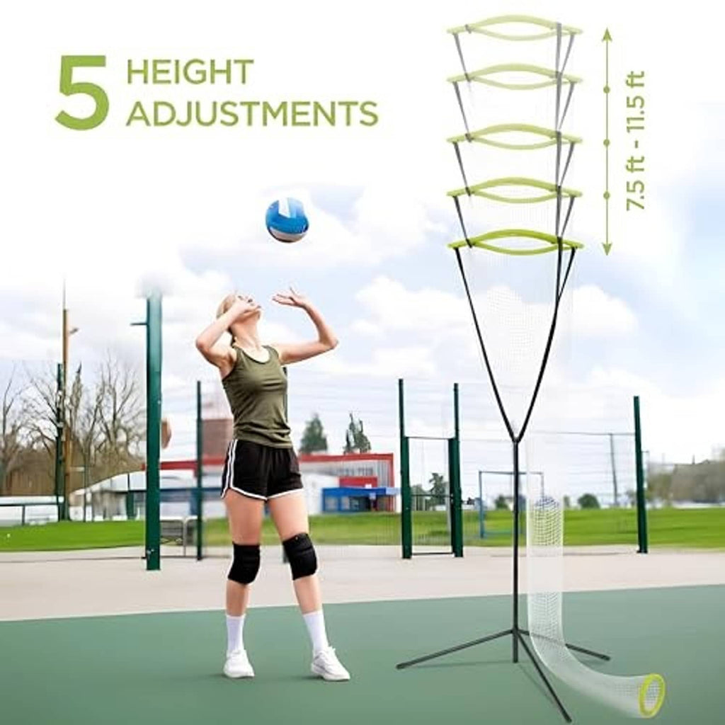 Height-adjustable volleyball setter training net with lime target and tall black frame