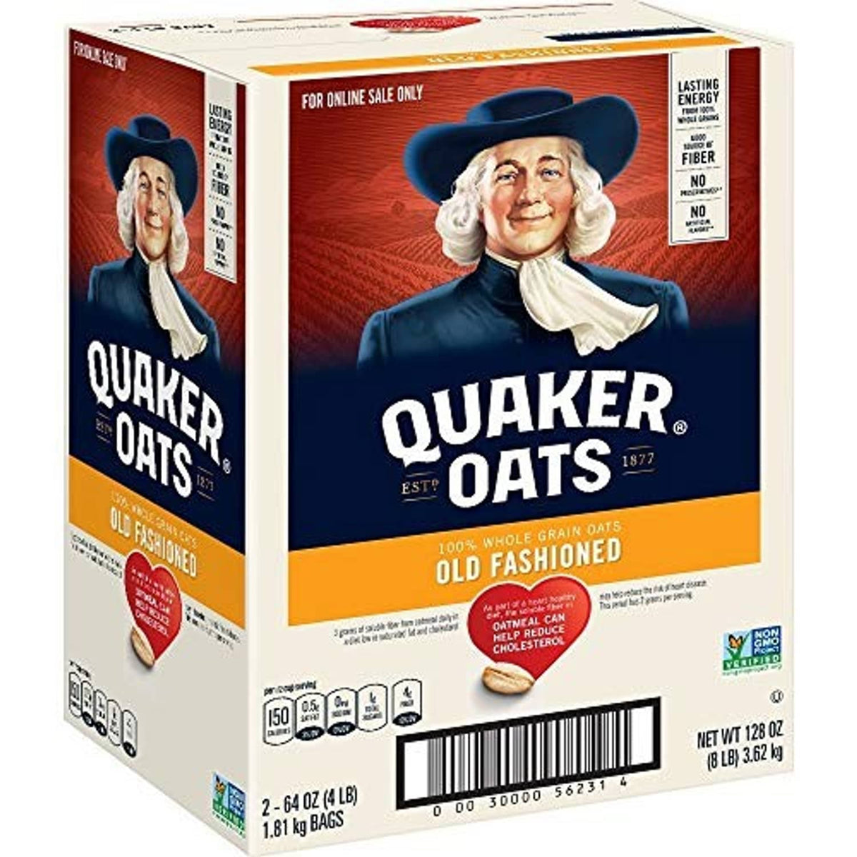 Quaker Old Fashioned Rolled Oats cereal box side panel with Quaker logo and badge