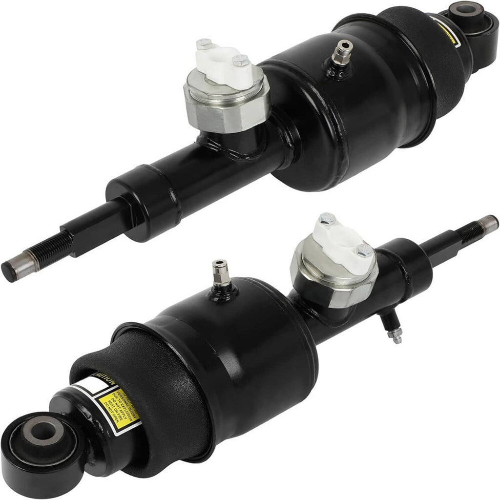 Black rear air suspension shock strut pair with metal top mounts and rod ends