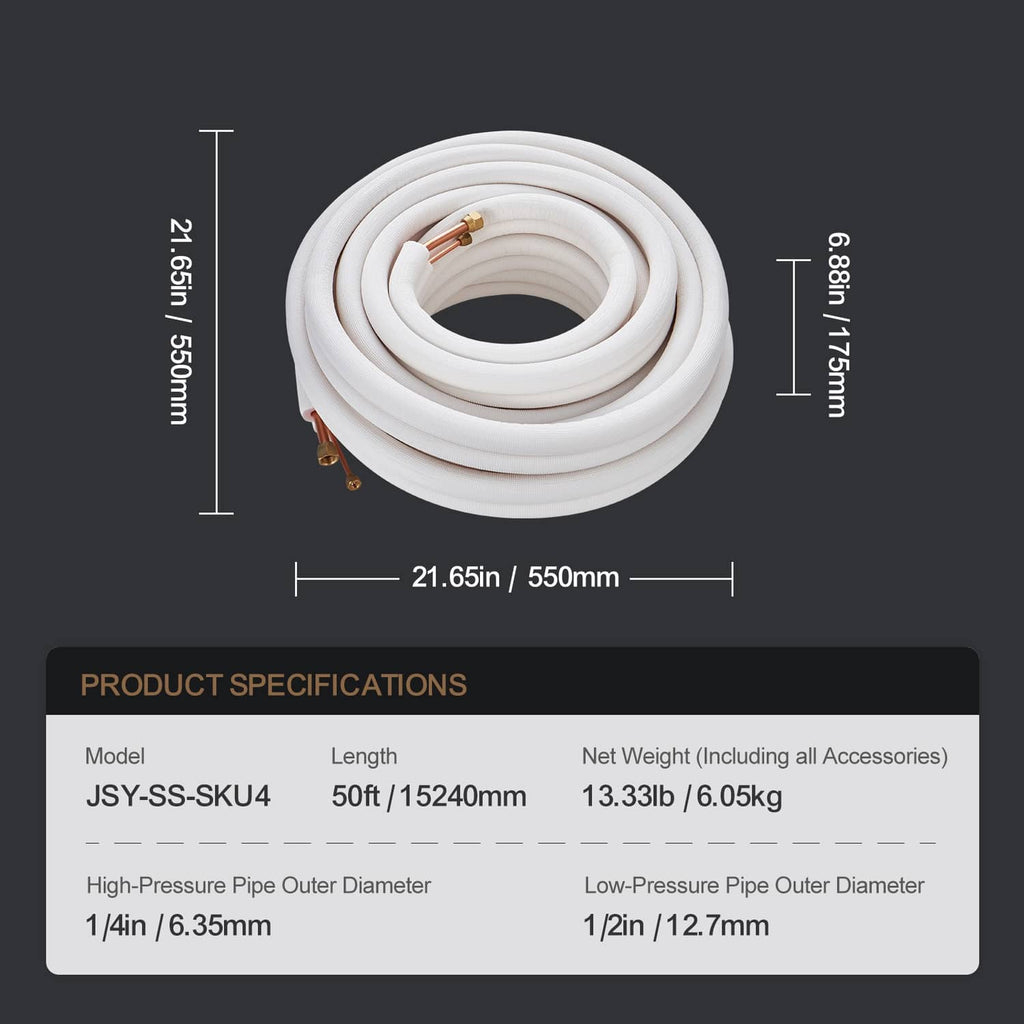 Coiled insulated mini split line set with copper fittings, measured length and diameter