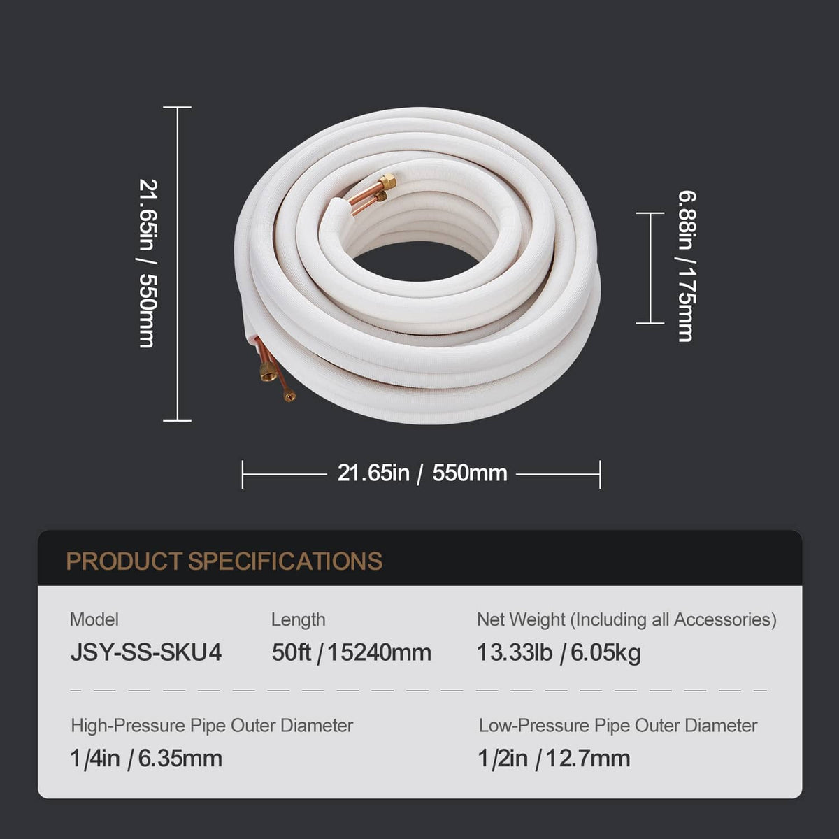 Coiled insulated mini split line set with copper fittings, measured length and diameter