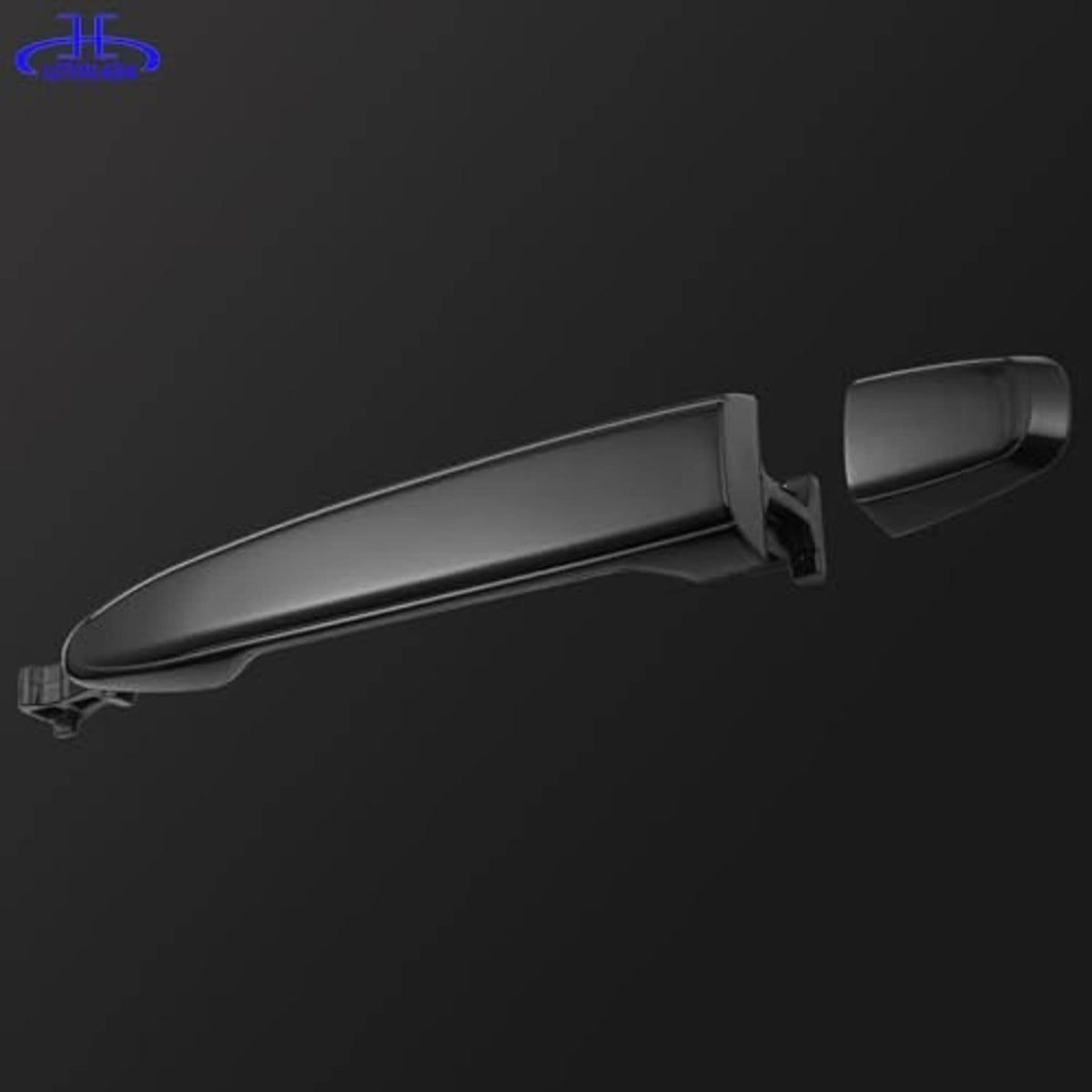 Black exterior door handle with smooth grip surface and latch button detail