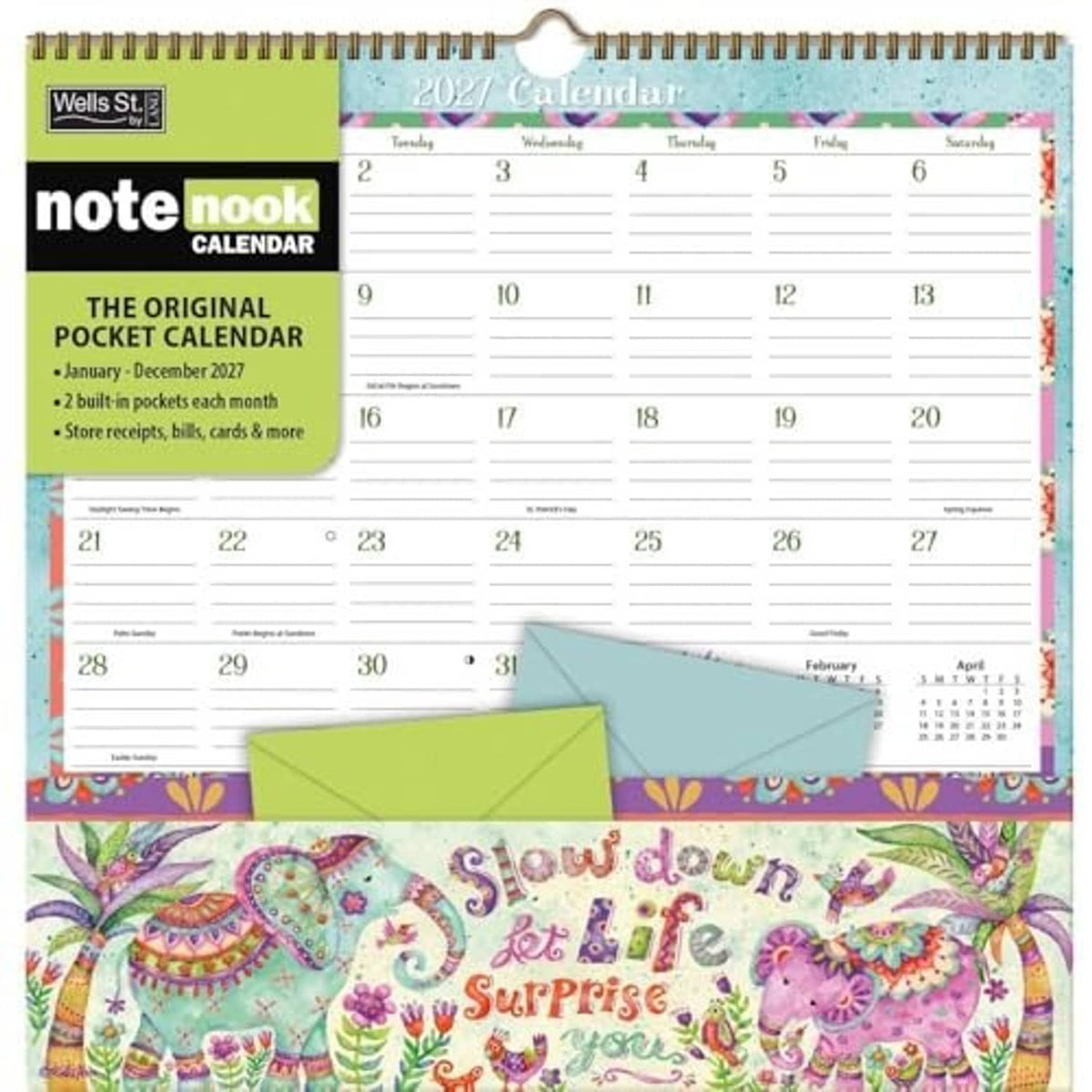 Spiral-bound note nook pocket calendar with illustrated scenes and green envelope pocket