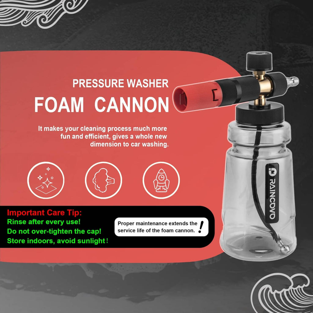 Pressure washer foam cannon with black nozzle, red tube, and clear bottle