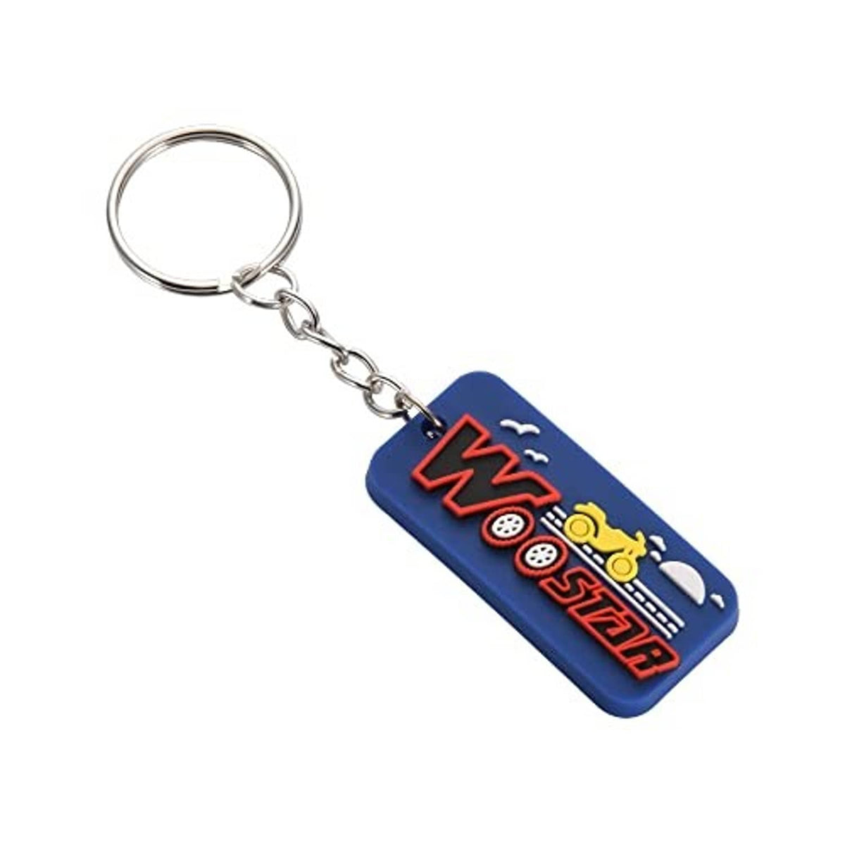 Metal keychain with blue tag, red and yellow icons, and silver key ring
