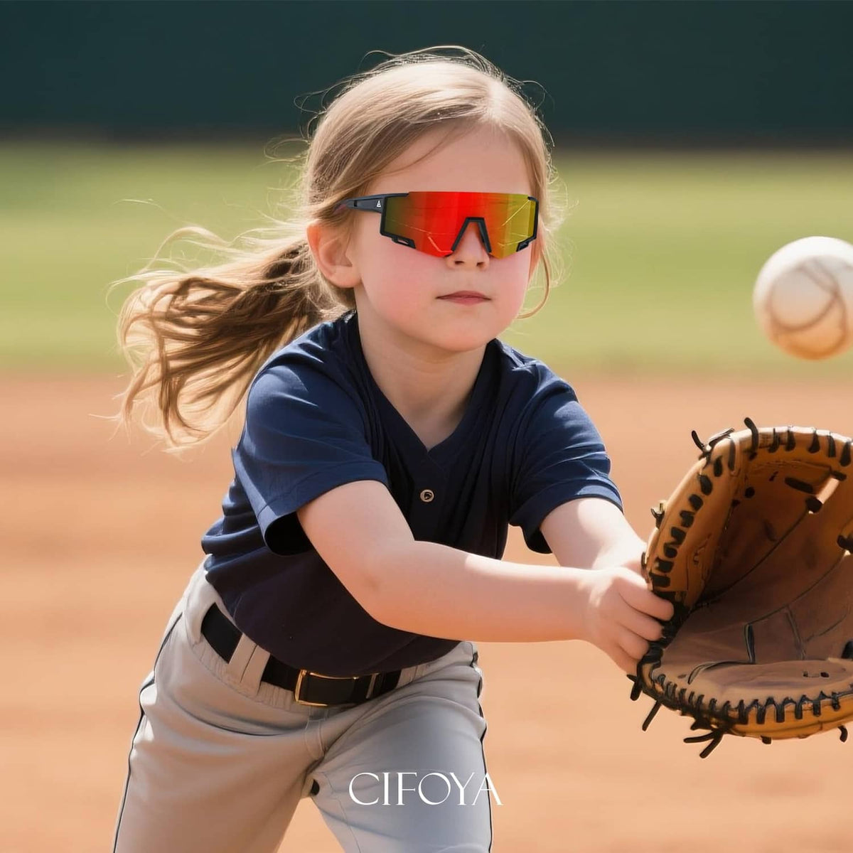 Kids sunglasses on child with dark frame and red-orange mirrored lens
