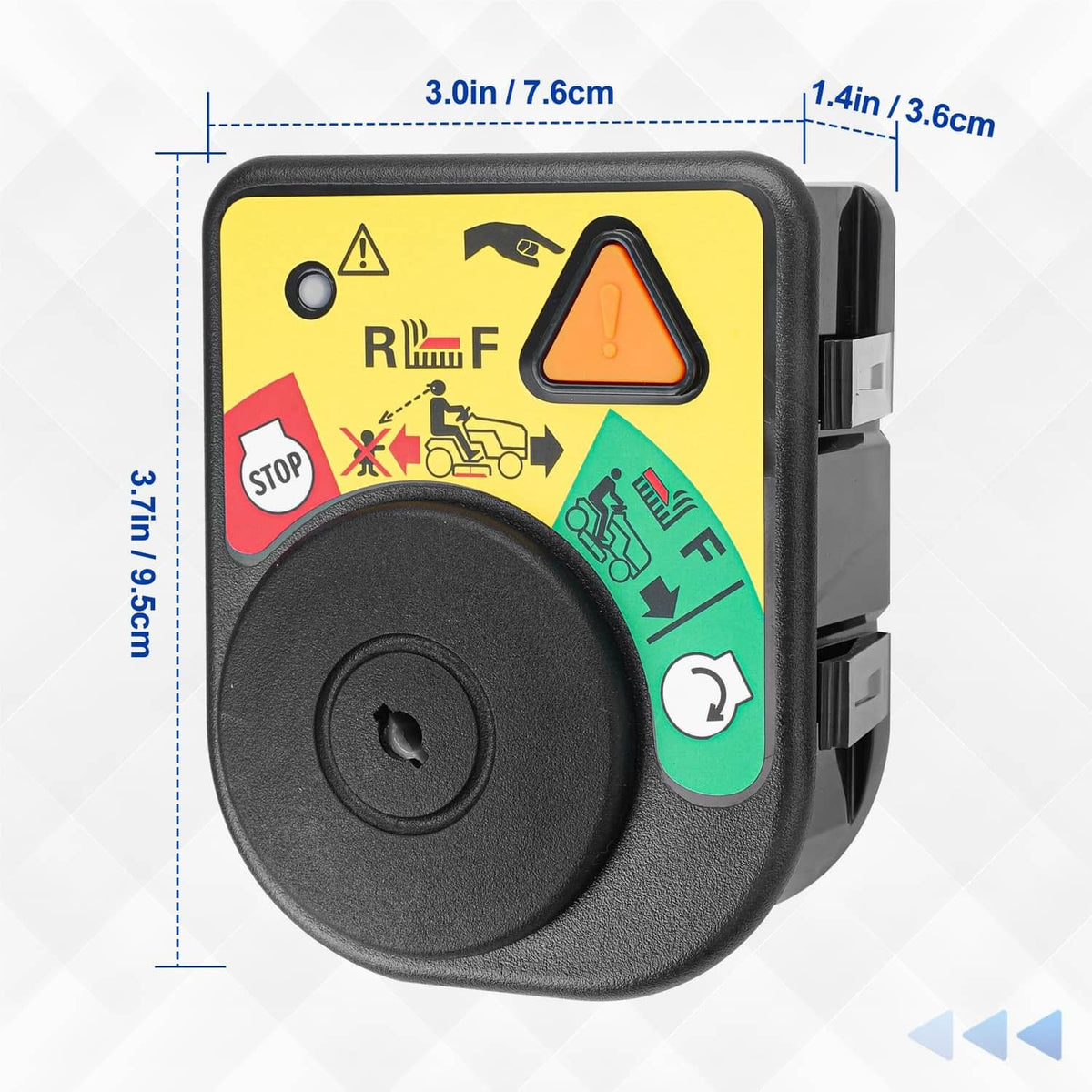 Ignition switch module size view with yellow safety panel on black body