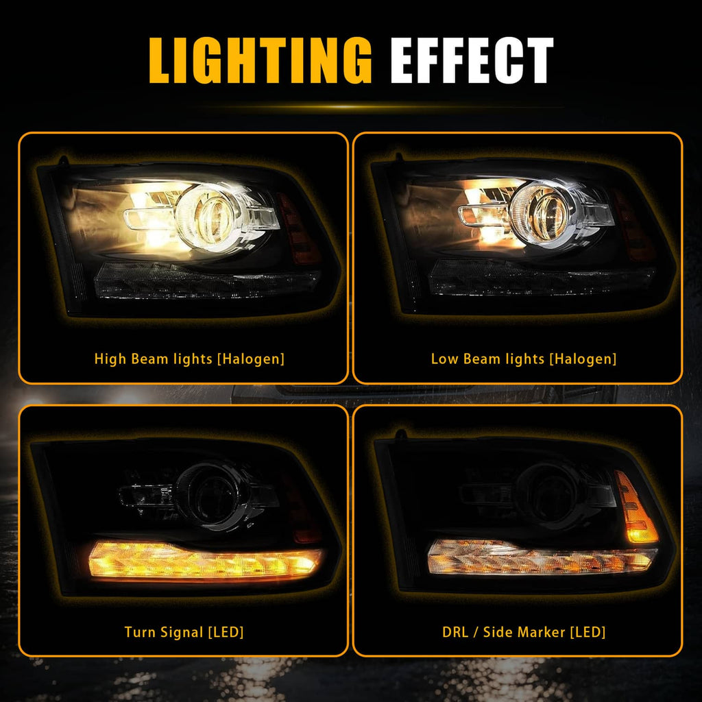 Black projector headlights showing multiple lighting modes: turn signal and DRL/side marker