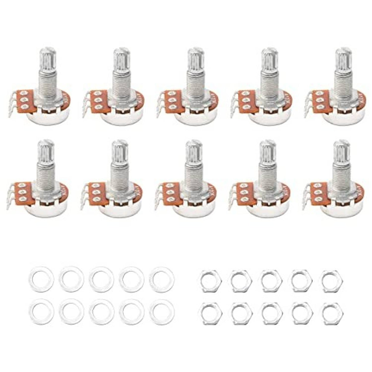 Electric guitar potentiometer set with metal split shaft, orange circuit board, mounting hardware