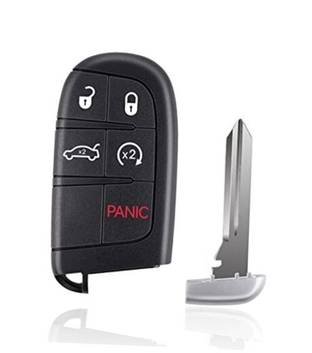 Black remote key fob with lock, unlock, trunk, and panic buttons plus metal key blade