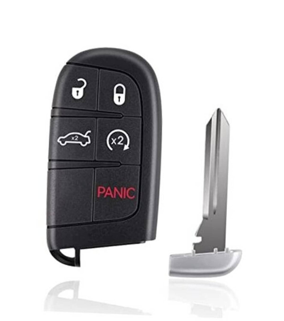 Black remote key fob with lock, unlock, trunk, and panic buttons plus metal key blade