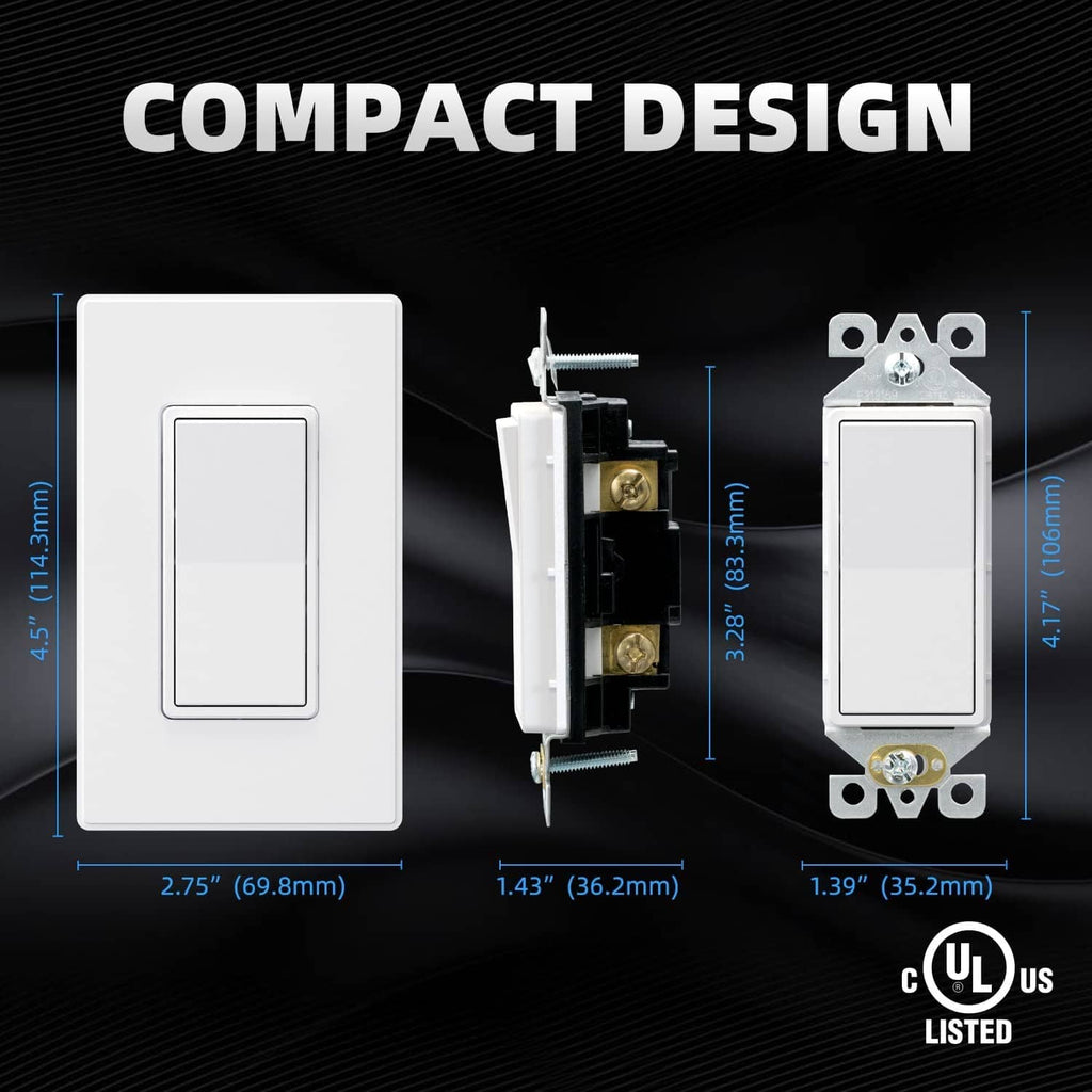 Matte white single-pole wall switch compact design with front rocker and side mount