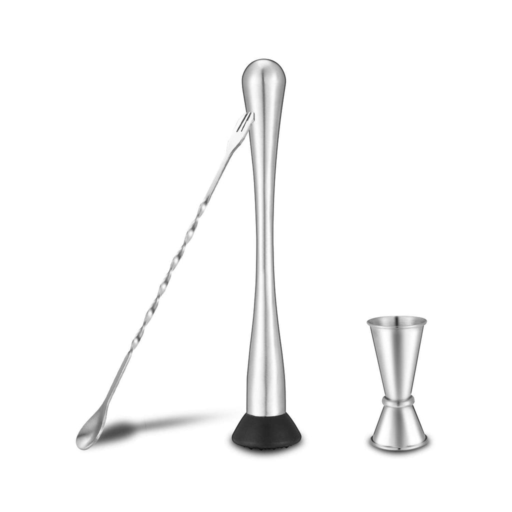 Stainless steel cocktail muddler set with mixing spoon and jigger, silver finish