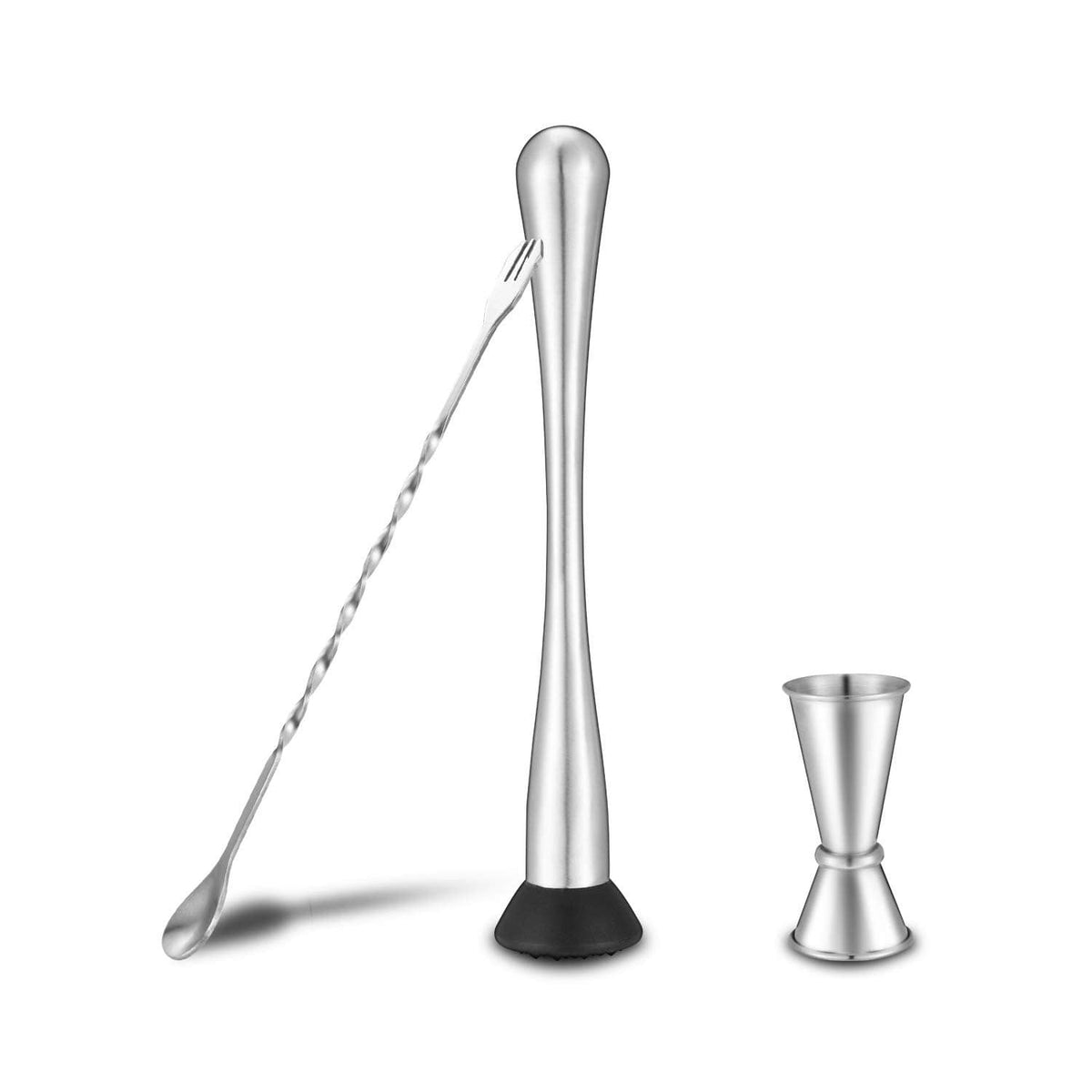 Stainless steel cocktail muddler set with mixing spoon and jigger, silver finish