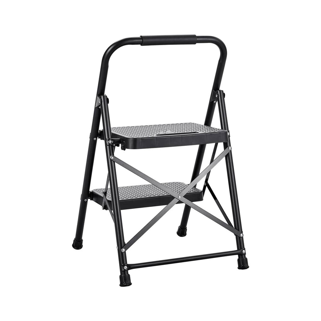 Two-step steel folding ladder with wide non-slip steps and handrail, black
