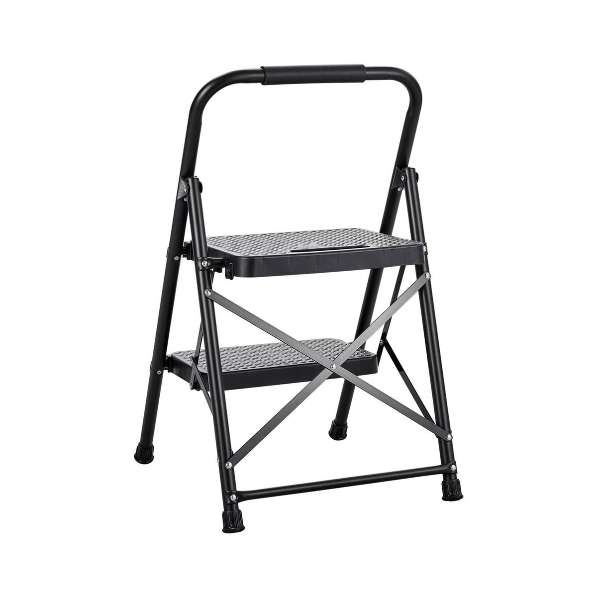 Two-step steel folding ladder with wide non-slip steps and handrail, black