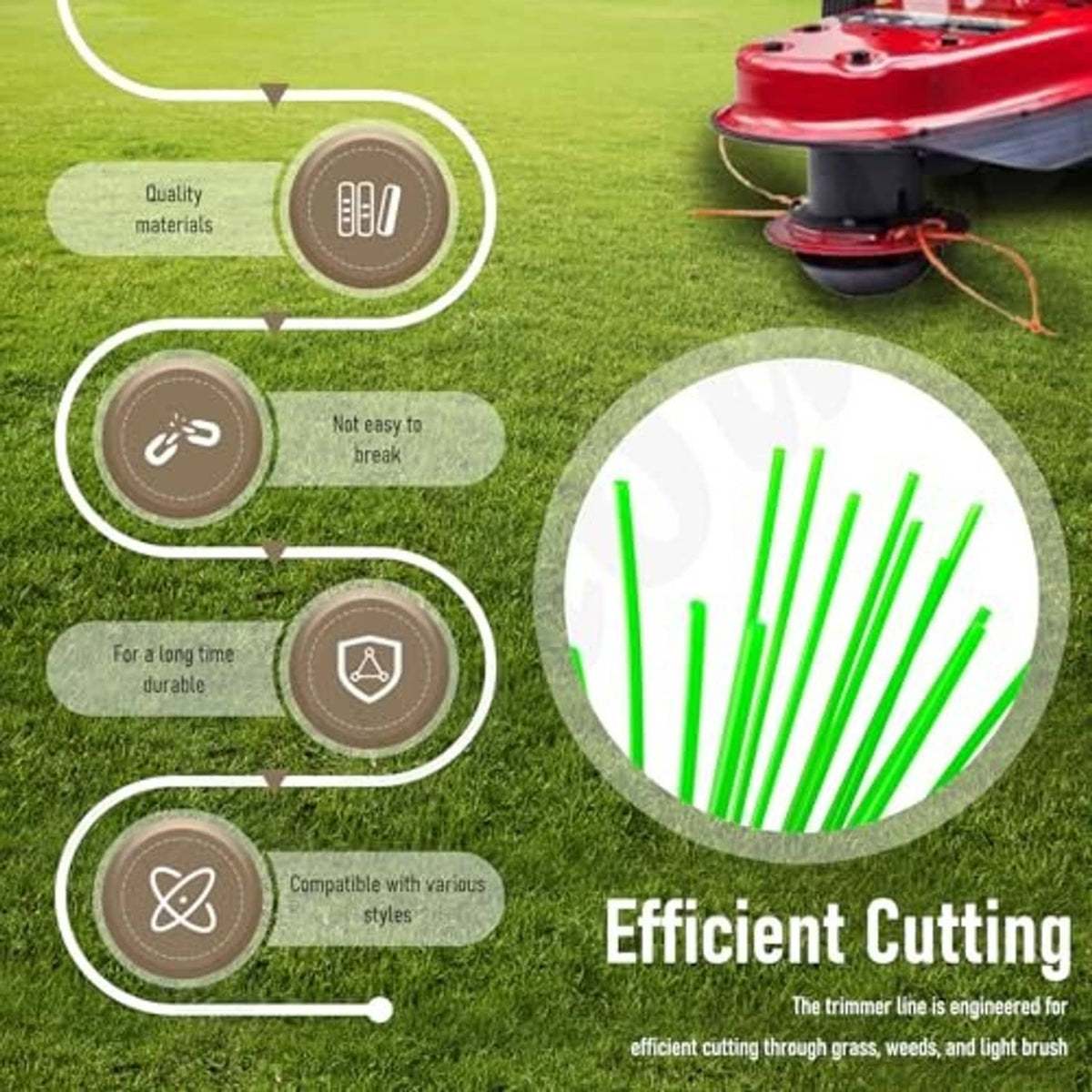 Green trimmer line strands for efficient cutting, close-up detail