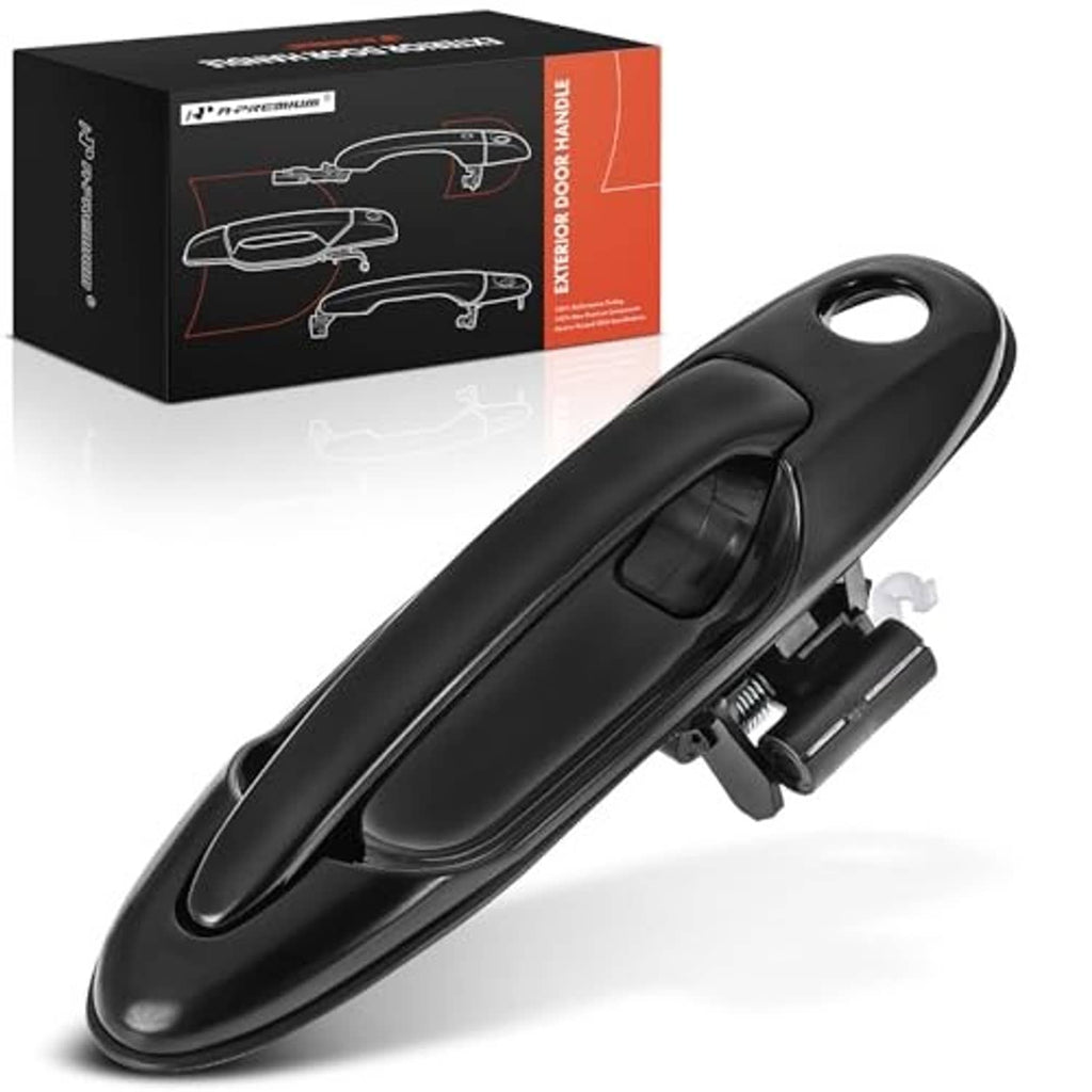 Front right exterior door handle with smooth black finish, ABS plastic housing