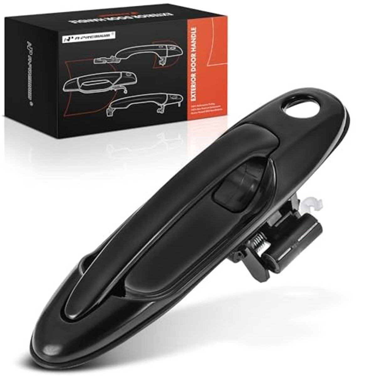 Front right exterior door handle with smooth black finish, ABS plastic housing