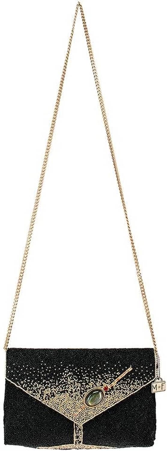 Black beaded crossbody clutch with gold-trim flap, oval gem clasp, and long chain