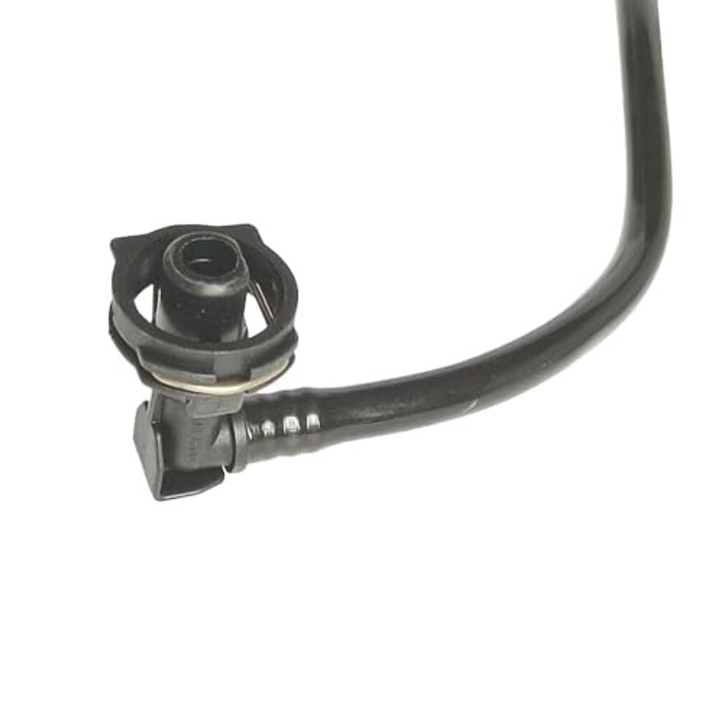 Coolant overflow hose with plastic housing, metal clamp, and black rubber tube