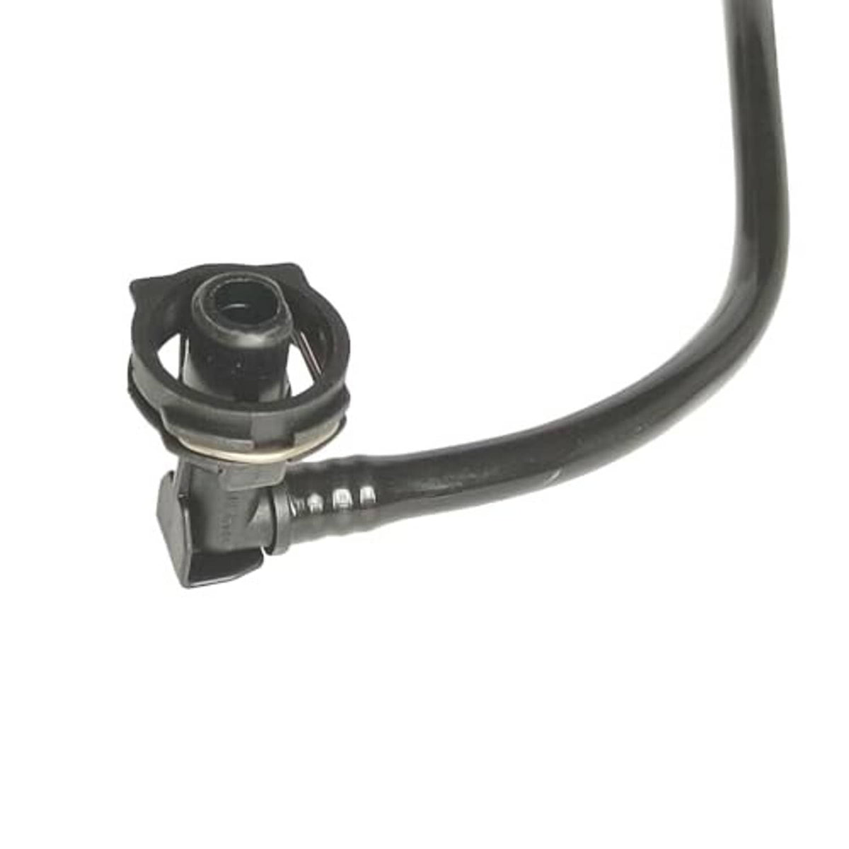 Coolant overflow hose with plastic housing, metal clamp, and black rubber tube